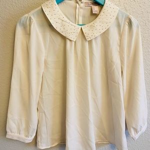 Love21 Cream Blouse with Jeweled Collar Size S